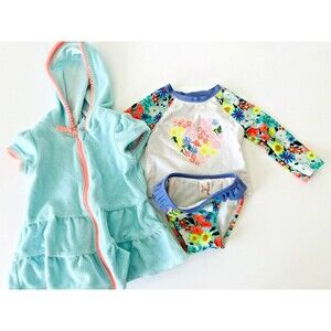 Cat & Jack Swim Cover Baby Girl Aqua Terry Robe Neon Rash Guard & Bottoms 12 Mos